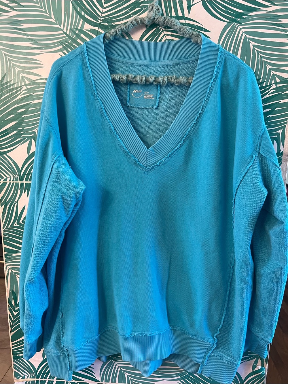 Aerie Vacay Every Day Relaxed V-Neck Oversized Sweater in Teal Blue Sz XS